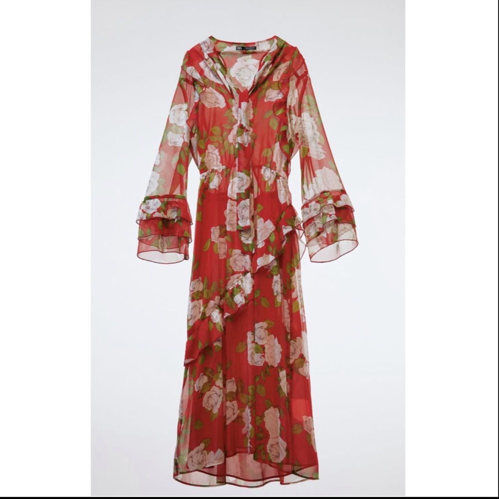 ZARA FLORAL PRINT DRESS WITH RUFFLE - Picture 1 of 3